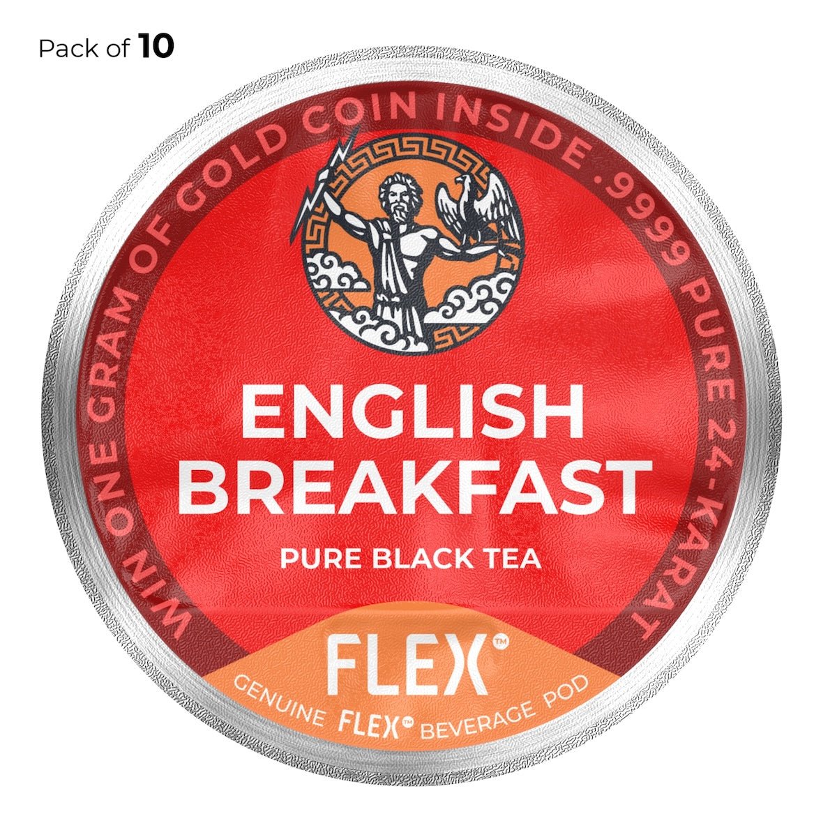 Label for a pack of 10 FLEX™ English Breakfast Pure Black Tea pods, featuring a bold red background with the distinctive FLEX logo depicting Zeus and an eagle, representing the classic and robust flavor of this traditional morning tea.