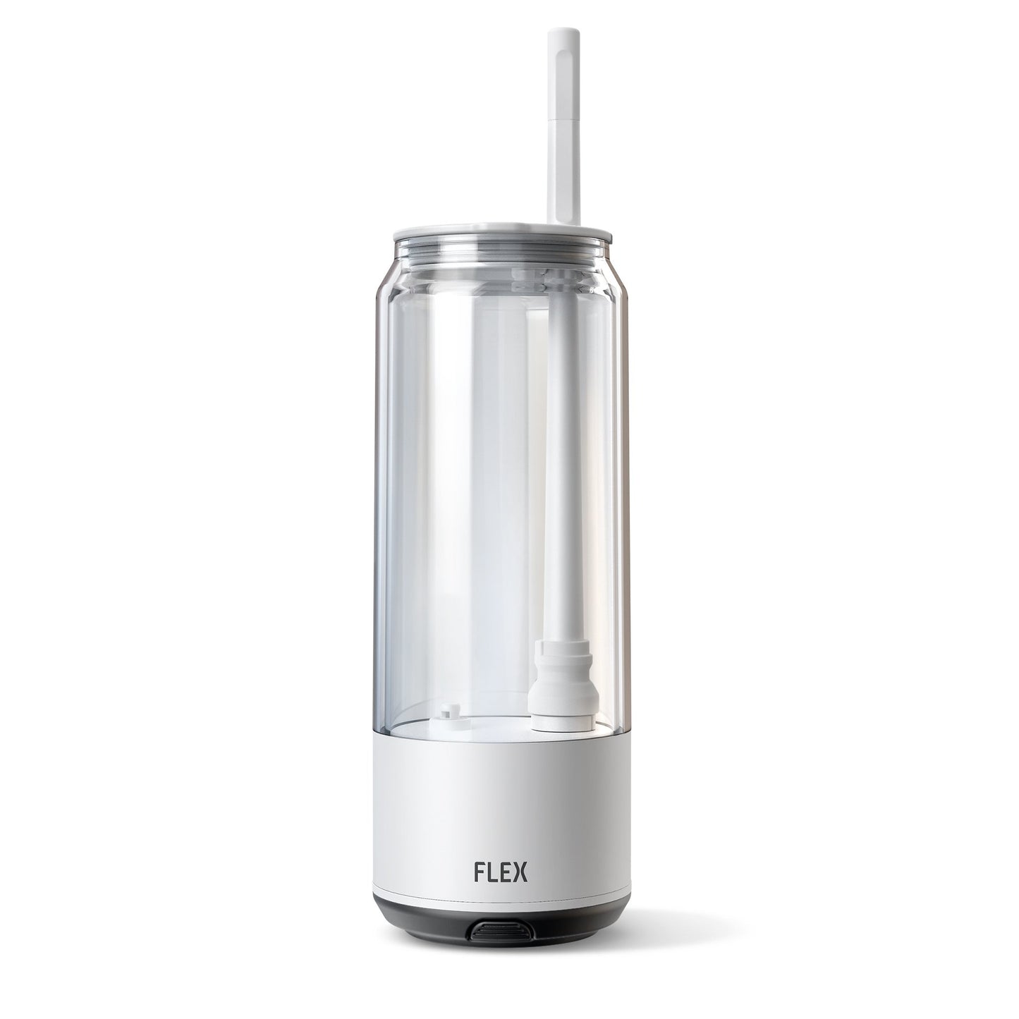 A FLEX BEVERAGE CLEAR CAN, a portable and transparent beverage container with a sleek, minimalist design. The cylindrical canister features a double-walled acrylic plastic construction for insulation, topped with a secure lid and a straw for easy drinking. The bottom half is equipped with the FLEX branding on a white base, showcasing a modern and clean look that suggests a fusion of functionality and style for on-the-go hydration.