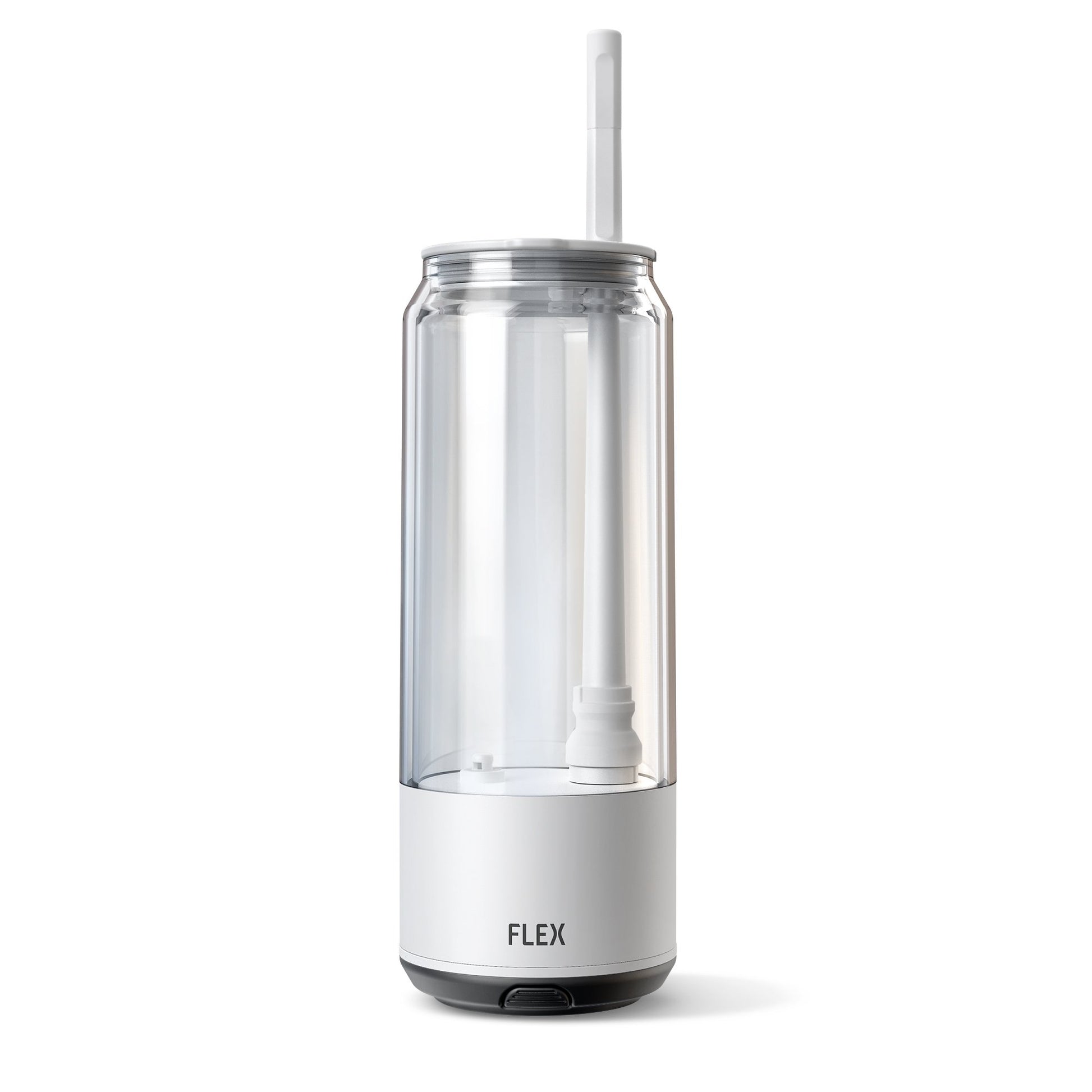 A FLEX BEVERAGE CLEAR CAN, a portable and transparent beverage container with a sleek, minimalist design. The cylindrical canister features a double-walled acrylic plastic construction for insulation, topped with a secure lid and a straw for easy drinking. The bottom half is equipped with the FLEX branding on a white base, showcasing a modern and clean look that suggests a fusion of functionality and style for on-the-go hydration.