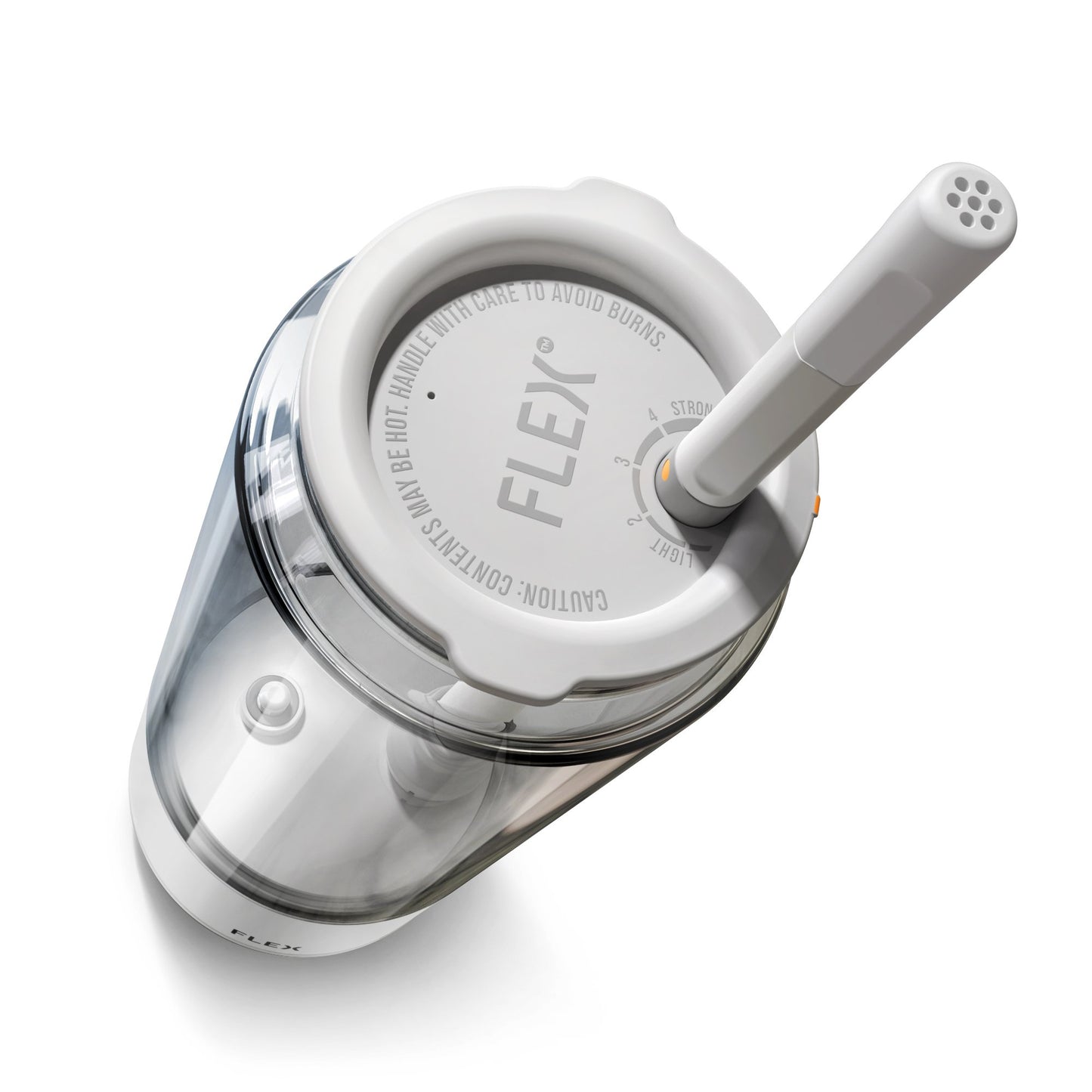 An angled top-down view of the FLEX Beverage CLEAR CAN, showing the innovative lid with an adjustable Spin-Control Straw Valve for beverage strength customization. The lid, marked with the FLEX logo and control indicators ranging from 'Light' to 'Strong', highlights the can's functionality. The transparent body of the can reveals its inner structure, emphasizing the sleek and modern design that allows users to see the contents and monitor their drink levels."