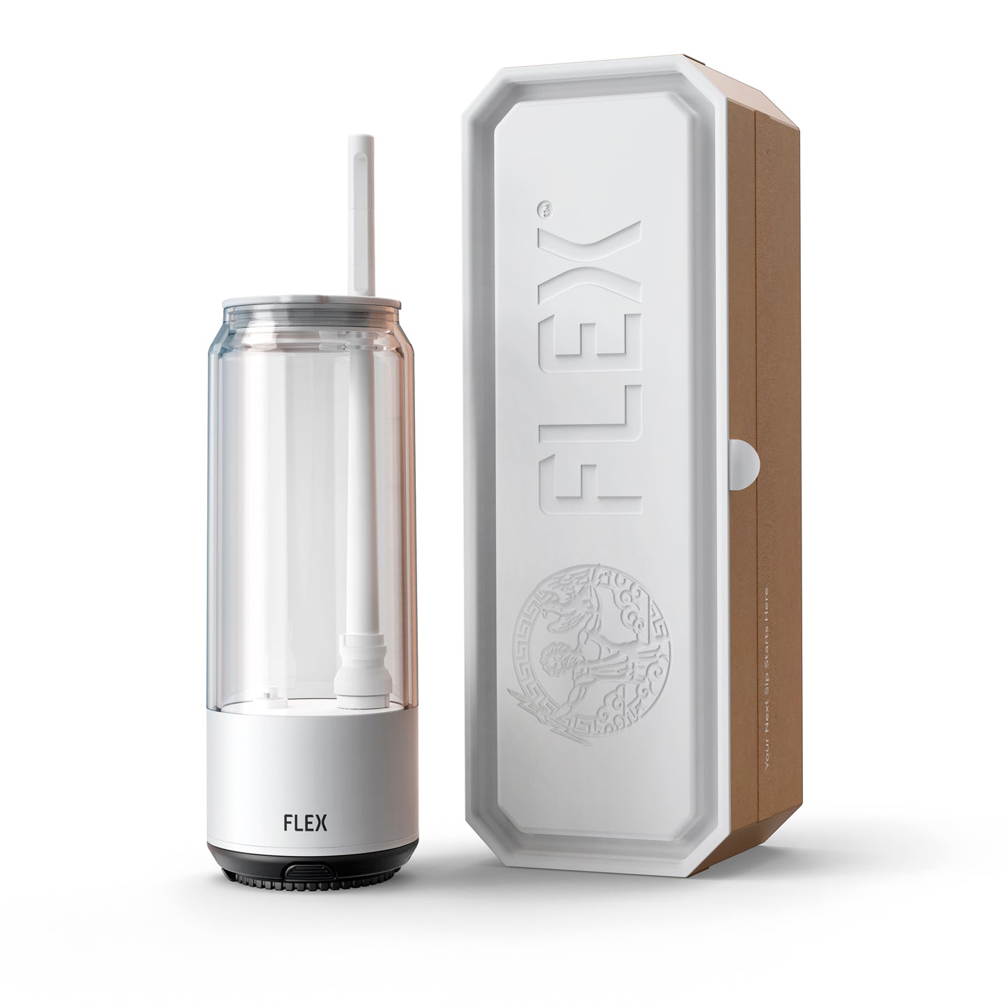 The FLEX Beverage CLEAR CAN, a sleek, transparent beverage container with a straw, stands next to its companion, the FLEX packaging. The packaging is a warm, earth-toned box embossed with the 'FLEX' logo and a detailed Greek-inspired emblem, conveying a sense of heritage and quality. This image represents the product's unboxing experience, emphasizing the premium and thoughtful packaging that complements the innovative design of the FLEX CLEAR CAN.