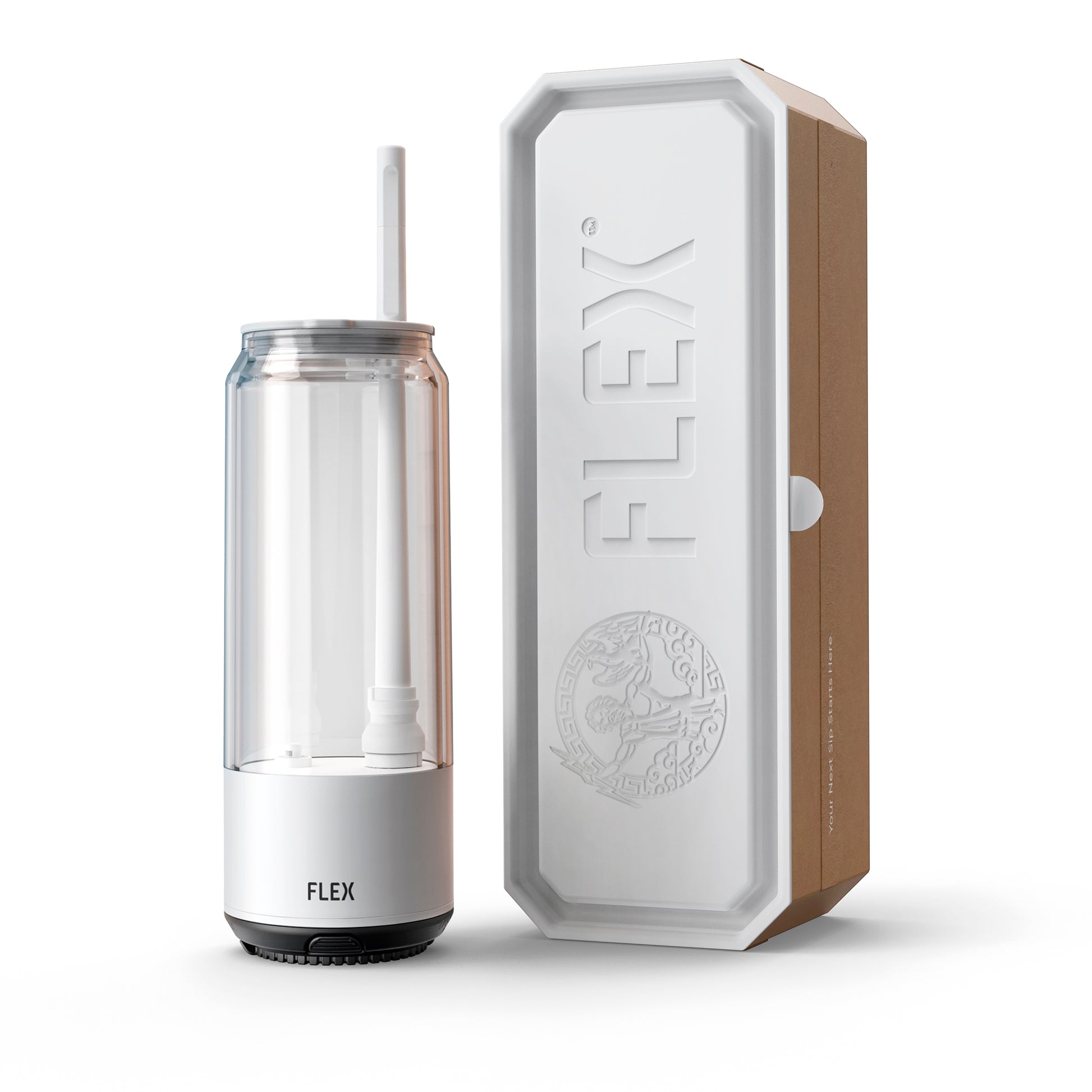 The FLEX Beverage CLEAR CAN, a sleek, transparent beverage container with a straw, stands next to its companion, the FLEX packaging. The packaging is a warm, earth-toned box embossed with the 'FLEX' logo and a detailed Greek-inspired emblem, conveying a sense of heritage and quality. This image represents the product's unboxing experience, emphasizing the premium and thoughtful packaging that complements the innovative design of the FLEX CLEAR CAN.