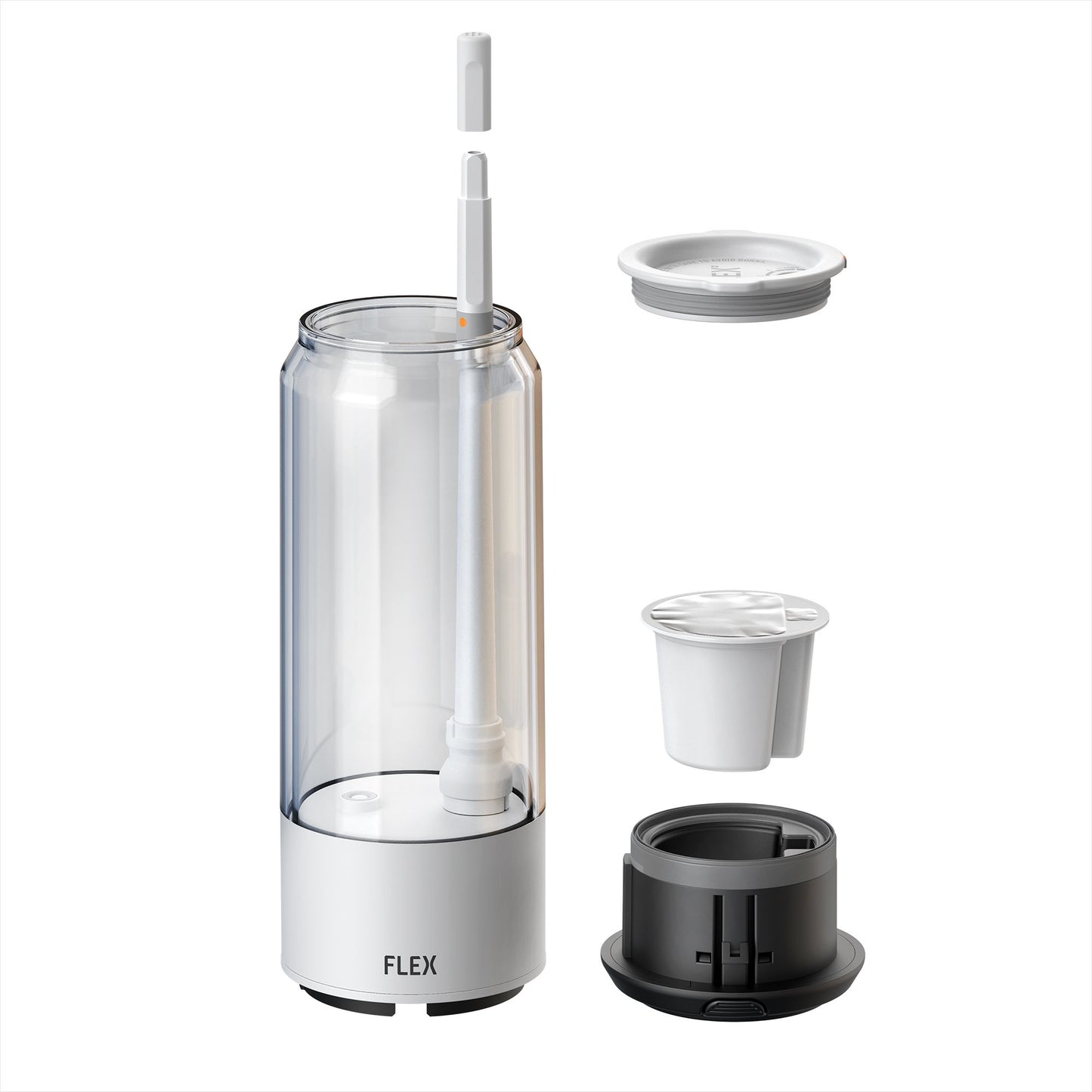 An exploded view of the FLEX beverage system, highlighting its individual components for a comprehensive understanding of the product's assembly. From top to bottom, it features a secure, adjustable lid with a control dial, a long straw for drinking, the main body which is a transparent cylindrical container, a single-use FUEL Pod and a modular base with the FLEX logo. Each part is designed with precision to ensure a seamless user experience, combining functionality with a clean, modern aesthetic.