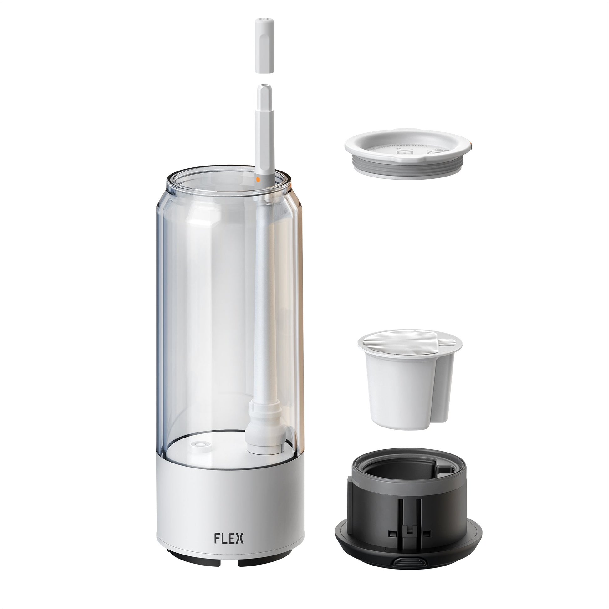 An exploded view of the FLEX beverage system, highlighting its individual components for a comprehensive understanding of the product's assembly. From top to bottom, it features a secure, adjustable lid with a control dial, a long straw for drinking, the main body which is a transparent cylindrical container, a single-use FUEL Pod and a modular base with the FLEX logo. Each part is designed with precision to ensure a seamless user experience, combining functionality with a clean, modern aesthetic.