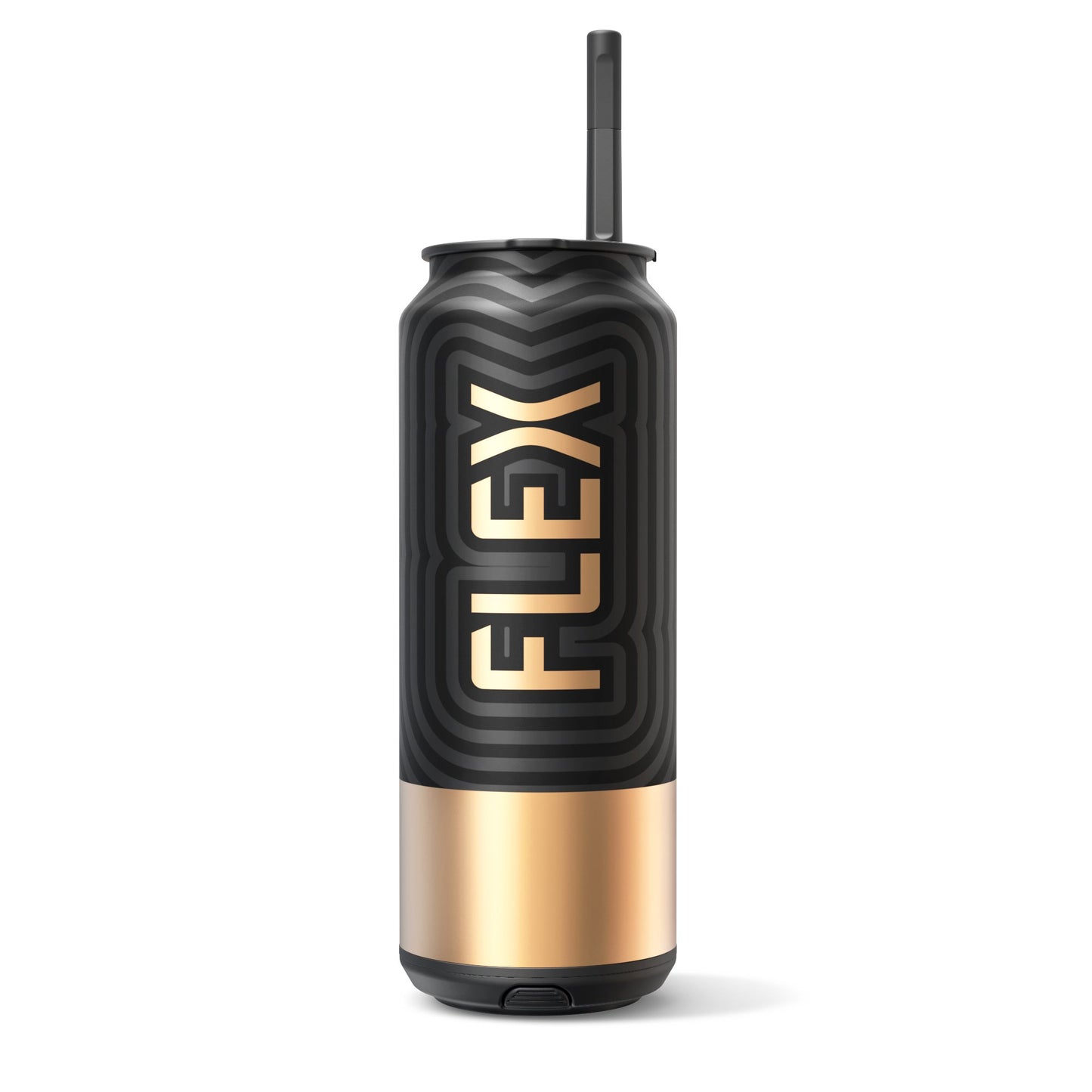 A FLEX Beverage-Metal CAN in a striking black and gold color scheme, featuring a bold 'FLEX' logo vertically aligned against a patterned background. The can sports a vacuum-insulated, double-walled 404 stainless steel body, promising to keep beverages at the ideal temperature. A durable gold-colored straw protrudes from the top, completing the can's sophisticated and durable design suitable for a modern, on-the-go lifestyle."