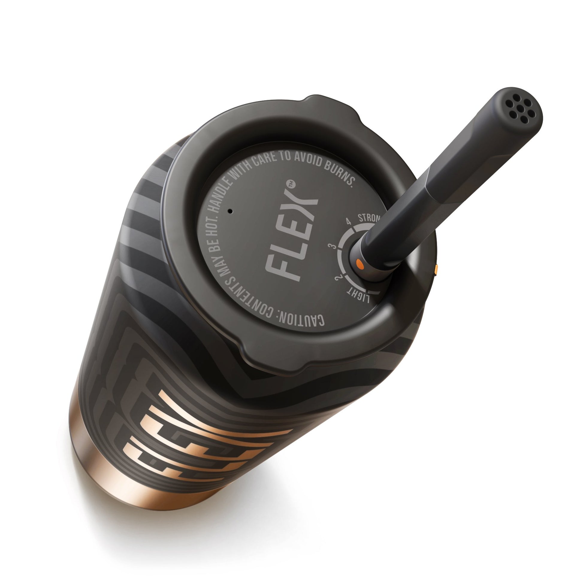 An angled view of the premium FLEX Beverage Metal CAN, showcasing the lid's detailed texture with adjustable settings marked from 'Light' to 'Strong', emphasizing the customizable beverage strength. The can's body features an elegant black finish with a patterned design that subtly highlights the FLEX branding. A luxurious gold-colored straw adds a touch of sophistication, exemplifying the can's blend of style and functionality for discerning consumers on the move.