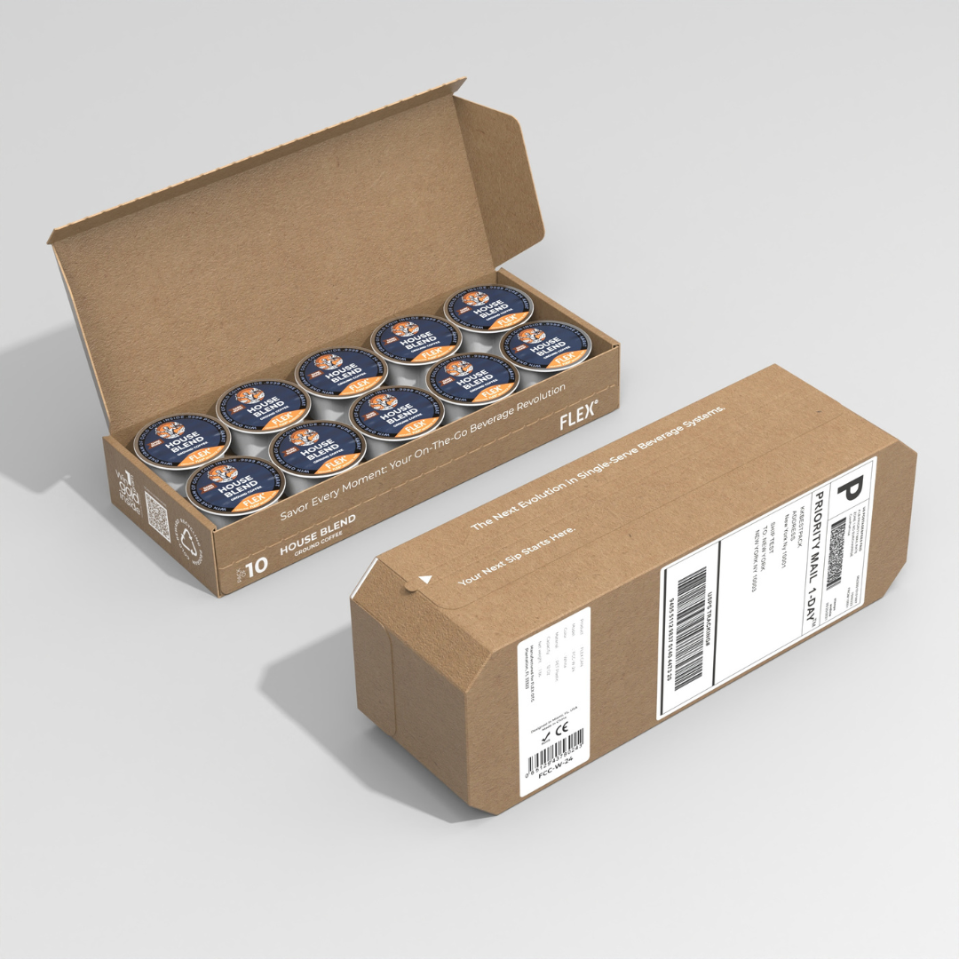 An open FLEX product box, invitingly asking "ARE YOU READY TO FLEX?" on the inside of the lid. Inside, the box is neatly organized with a FLEX CAN in blue, accompanied by a selection of colorful FLEX FUEL Pods, each labeled with different beverage options. The presentation conveys a ready-to-start experience for new users, emphasizing convenience and variety.