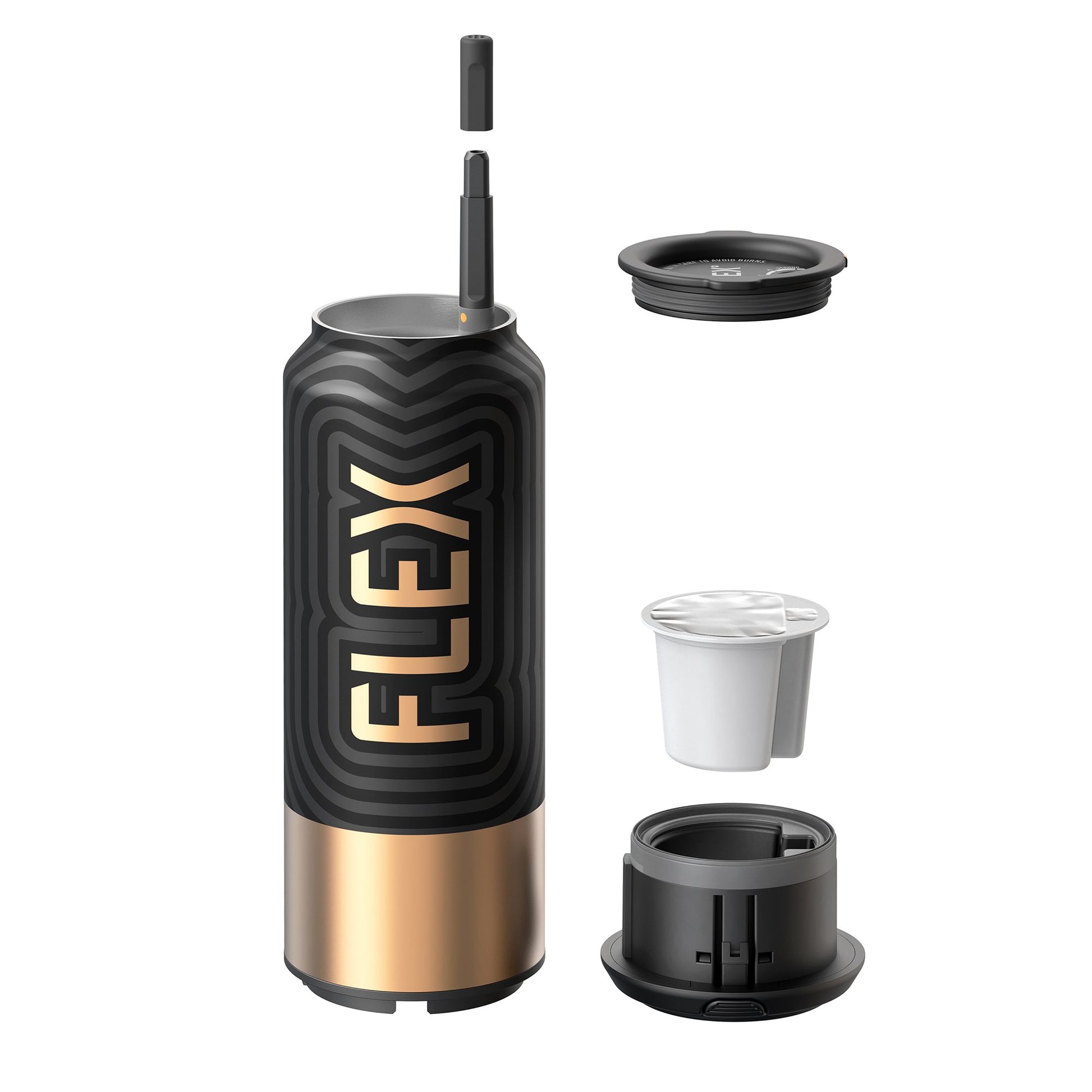 An exploded view of the FLEX Metal CAN, displaying all its components neatly laid out. The image showcases the can's black body with a bold, gold FLEX logo, a matching gold straw, a sophisticated black lid, a white FUEL Pod, and the base unit. The design indicates a seamless integration of form and function, reflecting the product's ease of use and the sleek elegance that FLEX customers can expect.