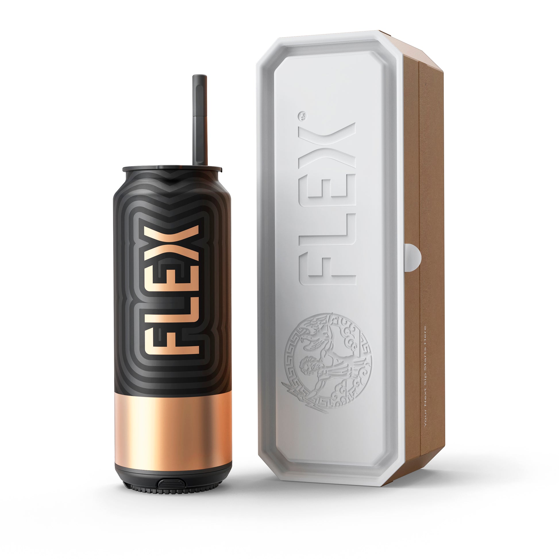 The sophisticated FLEX Beverage Metal CAN in black with gold accents, paired with its exclusive, textured earth-toned packaging box embossed with the FLEX logo and a Greek-inspired emblem. The can features a gold straw for a chic contrast, emphasizing the product’s premium feel and commitment to both style and practicality, ready to deliver a superior beverage experience.