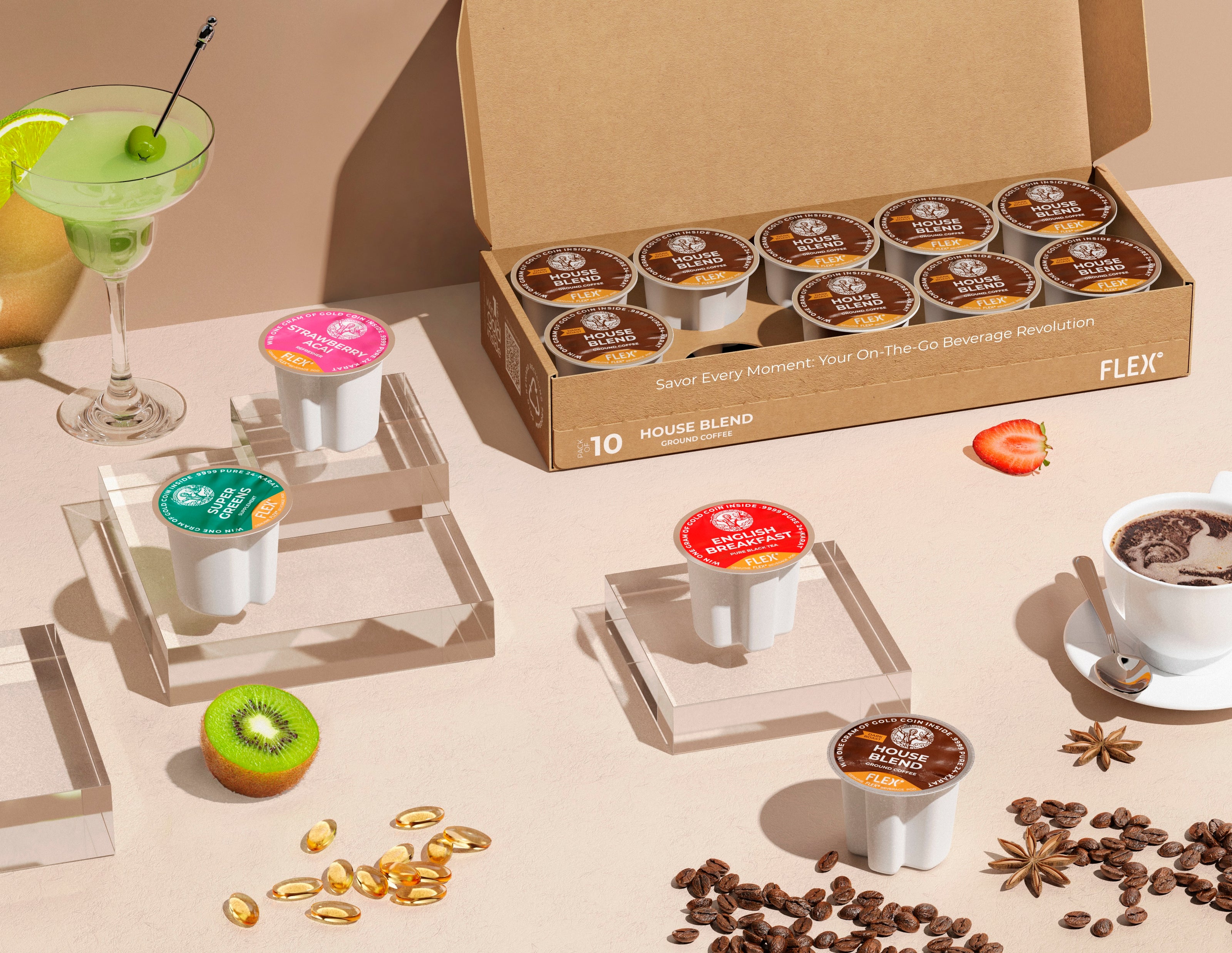 FLEX BEVERAGE PODS showing various types of beverage options