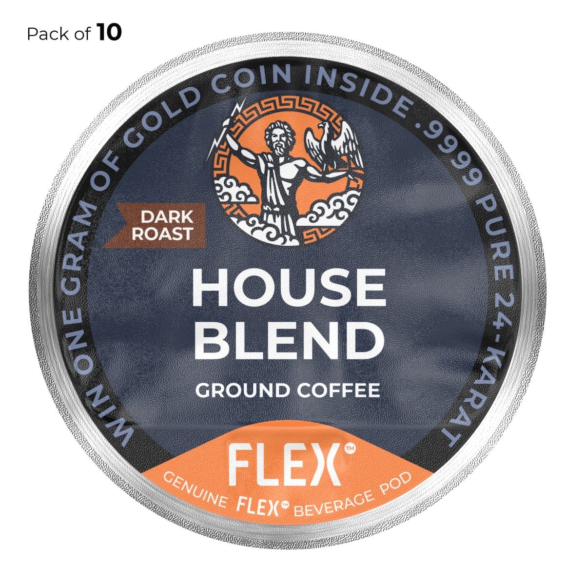 Pack of 10 FLEX™ House Blend Dark Roast Ground Coffee pods, depicted with a rich dark grey color theme, a red 'DARK ROAST' tag, and the emblematic FLEX logo featuring Zeus and an eagle.