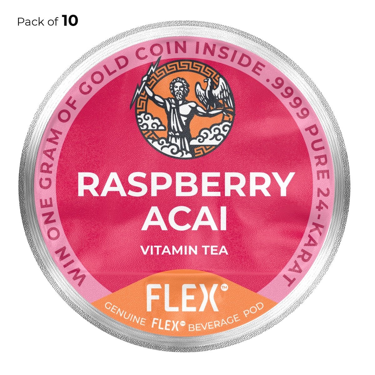 Label for FLEX Raspberry Acai Vitamin Tea, featuring a pack of 10 pods with a hot pink background, an emblem of Zeus holding a thunderbolt, and an eagle, symbolizing the dynamic energy of the product.
