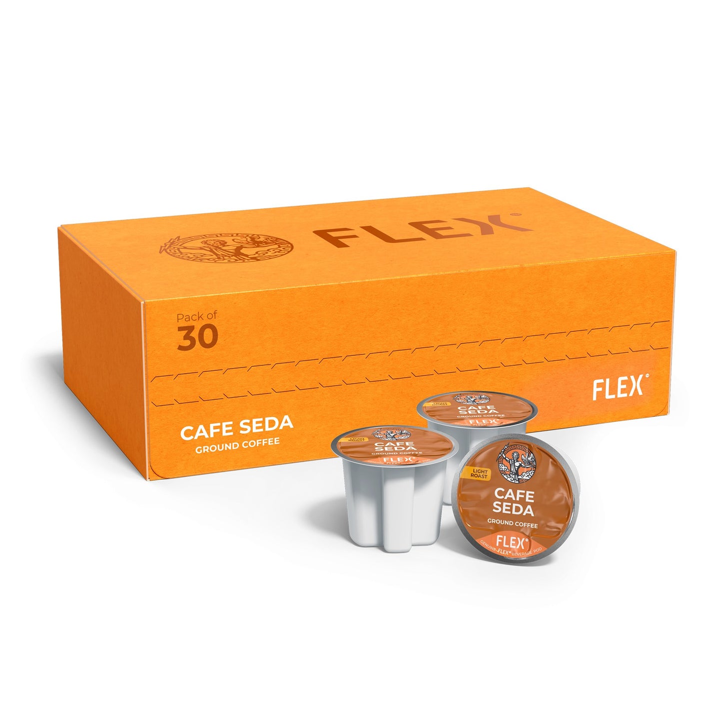 Box for a pack of 30 FLEXFUEL™ Café Seda Light Roast Ground Coffee pods, showcasing a warm brown background with a red tab indicating 'LIGHT ROAST' and the classic FLEX logo of Zeus and an eagle, signifying a smooth and light-bodied coffee experience.
