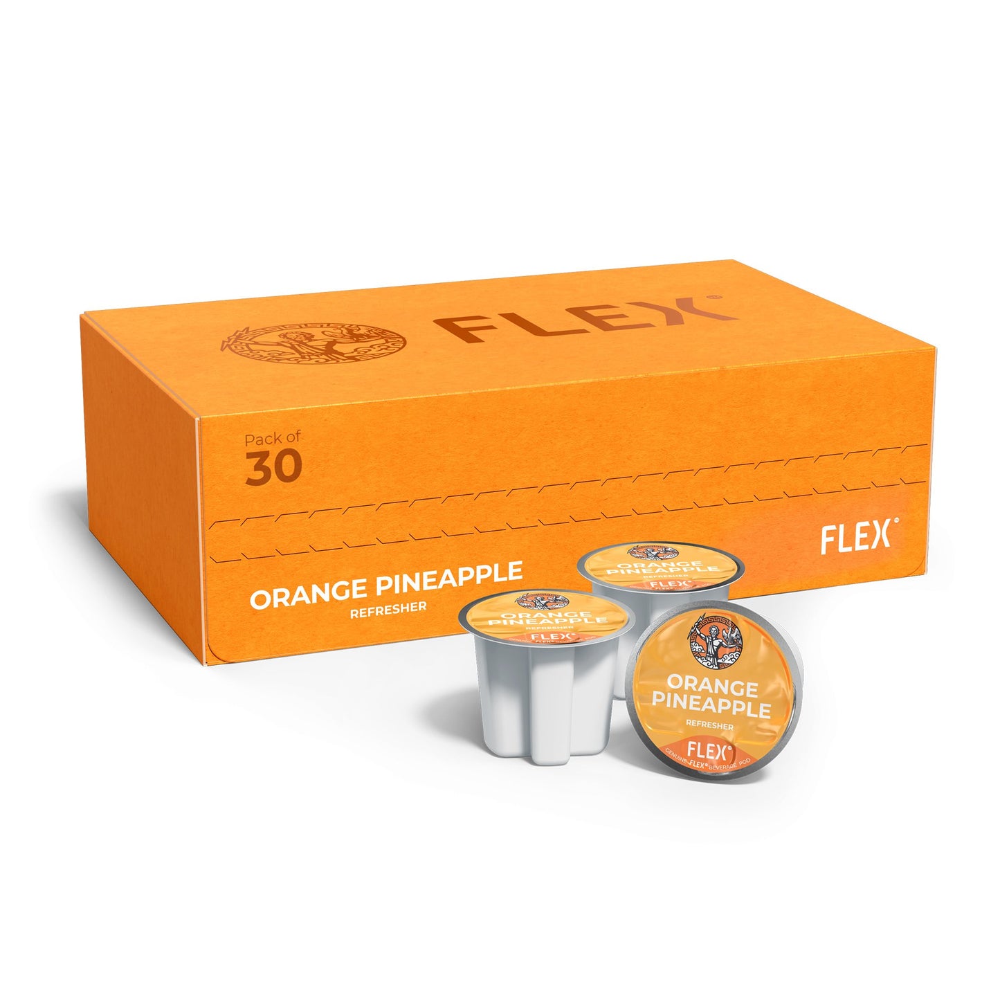 Box for a pack of 30 FLEXFUEL™ Orange Pineapple Refresher pods, sporting a vibrant orange background with the iconic FLEX logo of Zeus and an eagle, symbolizing a refreshing fusion of citrus and tropical flavors.