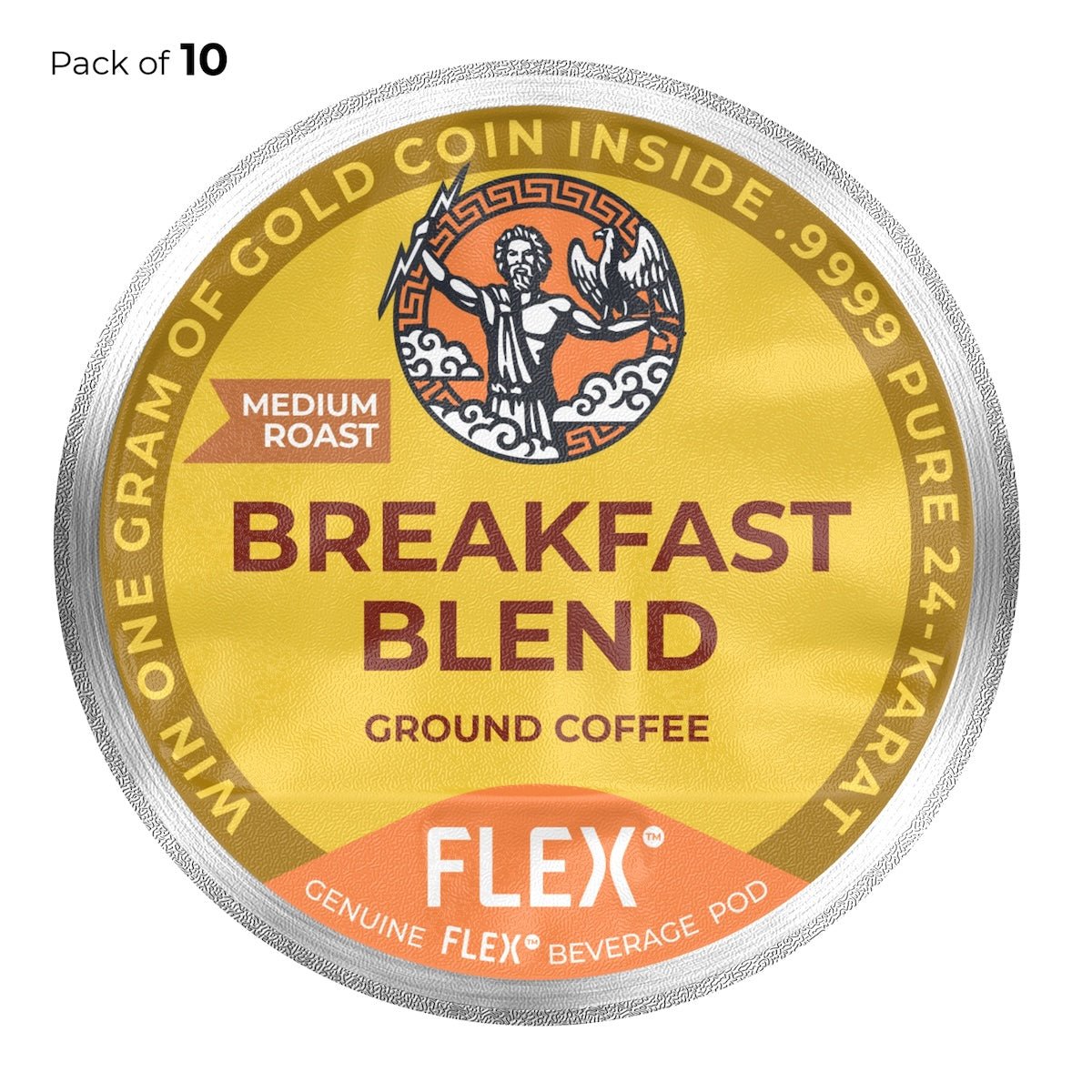 Packaging label for a pack of 10 FLEX™ Breakfast Blend Medium Roast Ground Coffee Beverage pods, featuring a sunny yellow backdrop with a red 'MEDIUM ROAST' indicator and the iconic FLEX logo portraying Zeus with a thunderbolt and an eagle, representing a rich and balanced coffee experience.