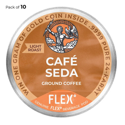 Label for a pack of 10 FLEX™ Café Seda Light Roast Ground Coffee Beverage pods, showcasing a warm brown background with a red tab indicating 'LIGHT ROAST' and the classic FLEX logo of Zeus and an eagle, signifying a smooth and light-bodied coffee experience.