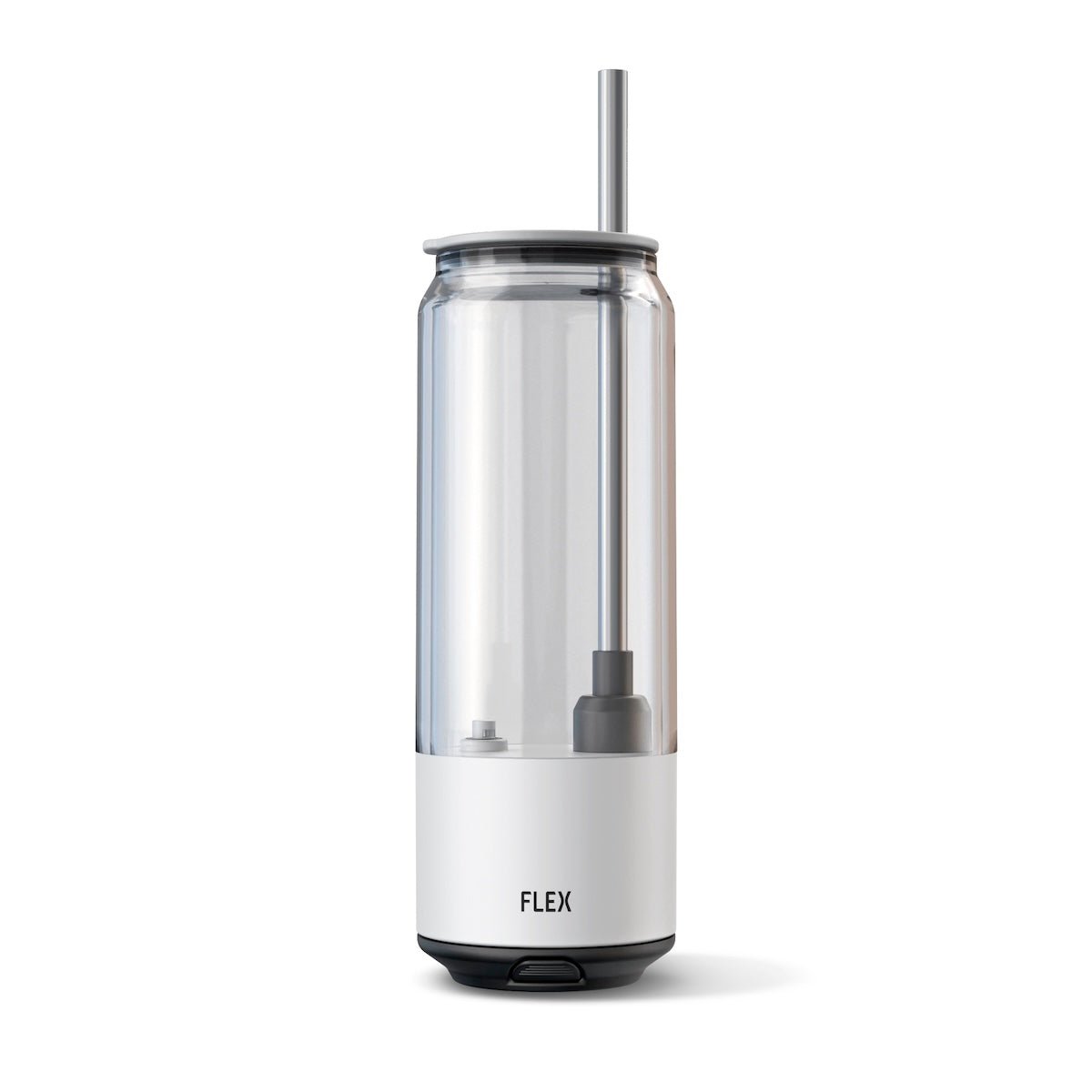 A FLEX BEVERAGE CLEAR CAN, a portable and transparent beverage container with a sleek, minimalist design. The cylindrical canister features a double-walled acrylic plastic construction for insulation, topped with a secure lid and a straw for easy drinking. The bottom half is equipped with the FLEX branding on a white base, showcasing a modern and clean look that suggests a fusion of functionality and style for on-the-go hydration.