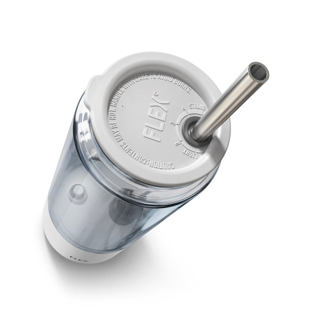 An angled top-down view of the FLEX Beverage CLEAR CAN, showing the innovative lid with an adjustable Spin-Control Straw Valve for beverage strength customization. The lid, marked with the FLEX logo and control indicators ranging from 'Light' to 'Strong', highlights the can's functionality. The transparent body of the can reveals its inner structure, emphasizing the sleek and modern design that allows users to see the contents and monitor their drink levels."