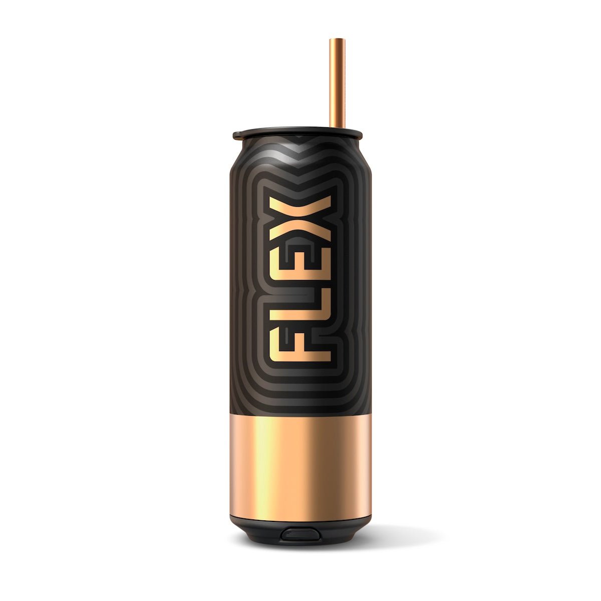 A FLEX Beverage-Metal CAN in a striking black and gold color scheme, featuring a bold 'FLEX' logo vertically aligned against a patterned background. The can sports a vacuum-insulated, double-walled 404 stainless steel body, promising to keep beverages at the ideal temperature. A durable gold-colored straw protrudes from the top, completing the can's sophisticated and durable design suitable for a modern, on-the-go lifestyle."