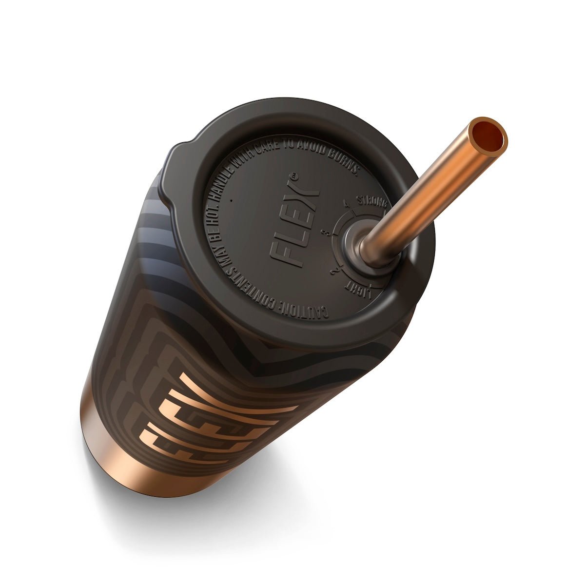 An angled view of the premium FLEX Beverage Metal CAN, showcasing the lid's detailed texture with adjustable settings marked from 'Light' to 'Strong', emphasizing the customizable beverage strength. The can's body features an elegant black finish with a patterned design that subtly highlights the FLEX branding. A luxurious gold-colored straw adds a touch of sophistication, exemplifying the can's blend of style and functionality for discerning consumers on the move.