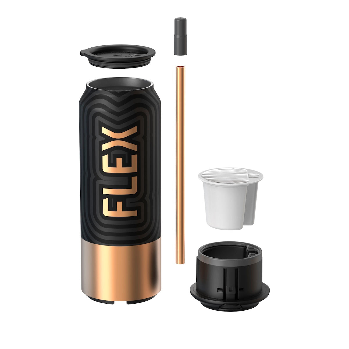 An exploded view of the FLEX Metal CAN, displaying all its components neatly laid out. The image showcases the can's black body with a bold, gold FLEX logo, a matching gold straw, a sophisticated black lid, a white FUEL Pod, and the base unit. The design indicates a seamless integration of form and function, reflecting the product's ease of use and the sleek elegance that FLEX customers can expect.