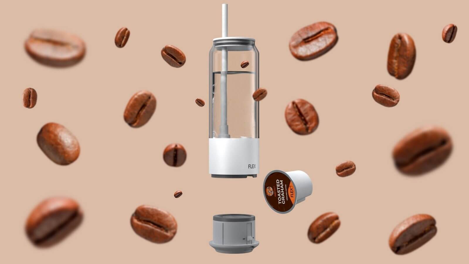 A creative presentation of the FLEX beverage system with its components separated on a beige background, surrounded by floating coffee beans. The image features the transparent FLEX CLEAR CAN, a white base unit, and a FUEL Pod labeled 'COFFEE', highlighting the ease of creating a fresh coffee experience. This engaging visual represents the anticipation of the upcoming FLEX product, inviting viewers to sign up and stay tuned for its release.