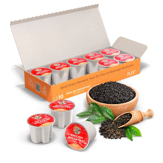 Box for a pack of 10 FLEX™ English Breakfast Pure Black Tea pods, featuring a bold red background with the distinctive FLEX logo depicting Zeus and an eagle, representing the classic and robust flavor of this traditional morning tea.