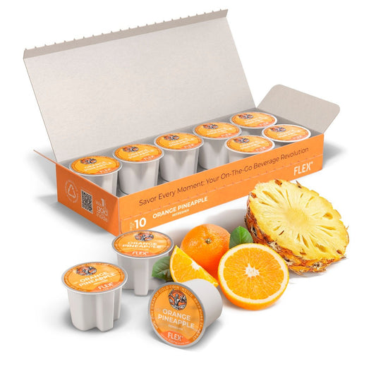 Box for a pack of 10 FLEX™ Orange Pineapple Refresher pods, sporting a vibrant orange background with the iconic FLEX logo of Zeus and an eagle, symbolizing a refreshing fusion of citrus and tropical flavors.