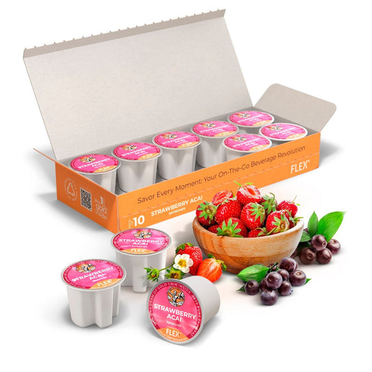 box for a pack of 10 FLEX™ Strawberry Acai refresher pods, featuring a vibrant pink color scheme with a classic Greek motif and an illustration of Zeus with a thunderbolt and an eagle, emphasizing energy and vitality.