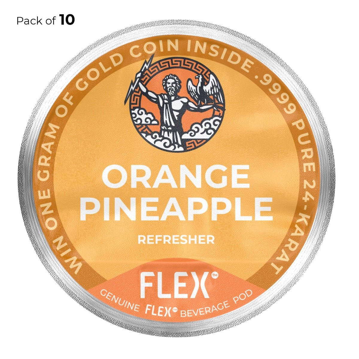 Label for a pack of 10 FLEX™ Orange Pineapple Refresher pods, sporting a vibrant orange background with the iconic FLEX logo of Zeus and an eagle, symbolizing a refreshing fusion of citrus and tropical flavors.