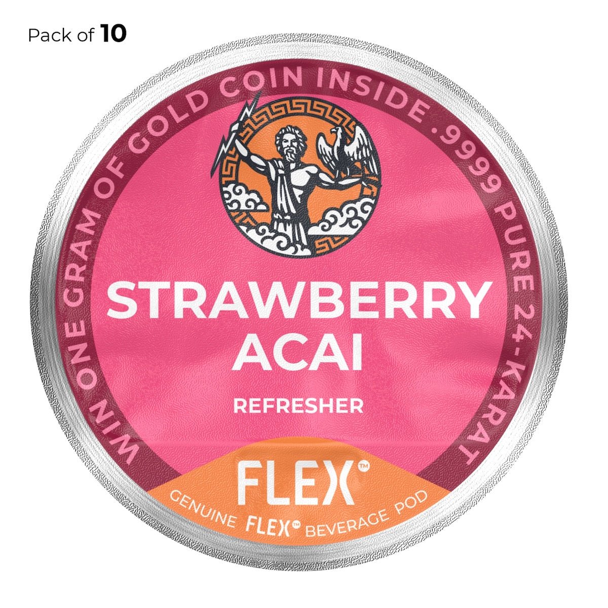 Label for a pack of 10 FLEX™ Strawberry Acai refresher pods, featuring a vibrant pink color scheme with a classic Greek motif and an illustration of Zeus with a thunderbolt and an eagle, emphasizing energy and vitality.