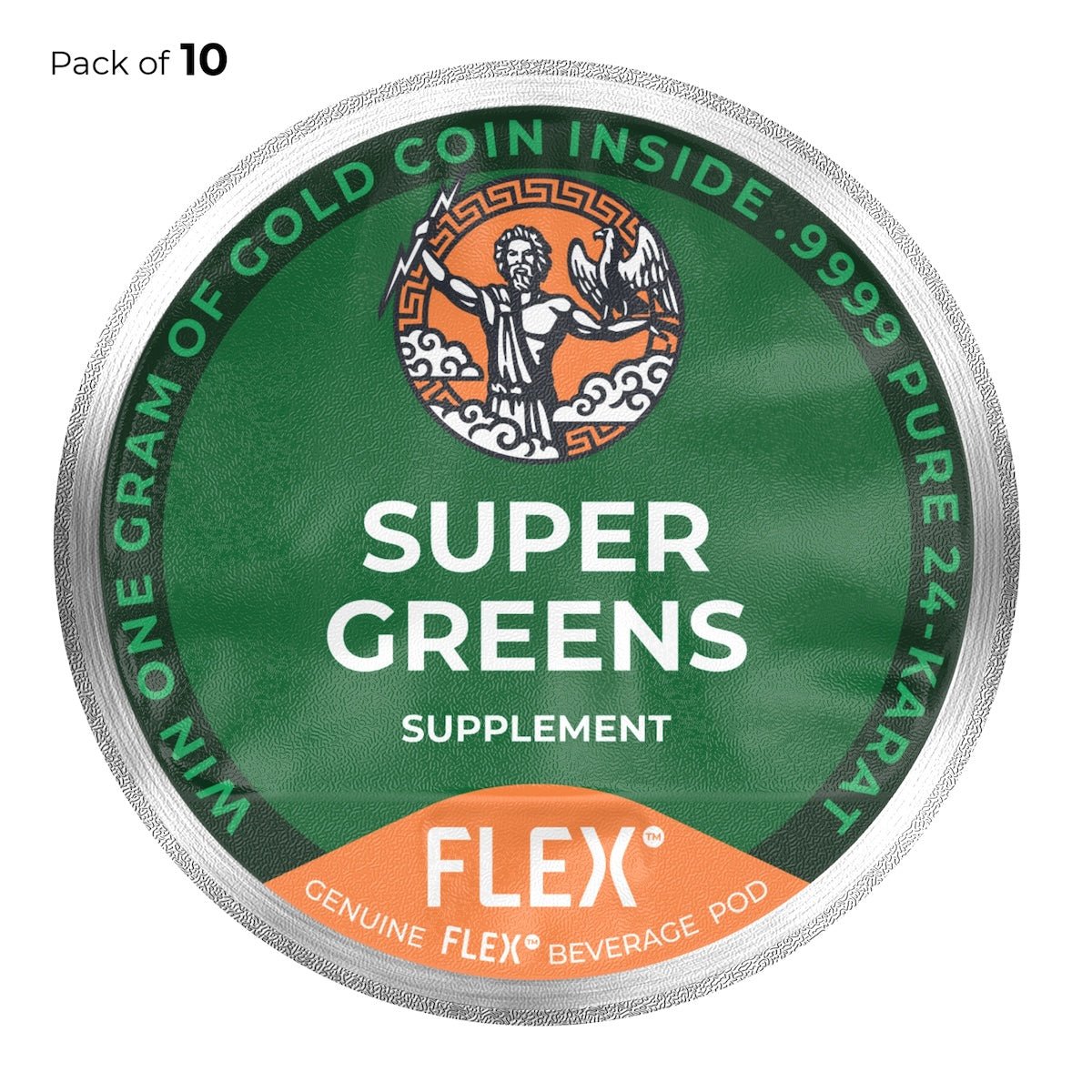 Label for a pack of 10 FLEX™ Super Greens supplement pods, featuring an orange and green color scheme with a graphic of Zeus holding a thunderbolt and an eagle, symbolizing power and freedom.