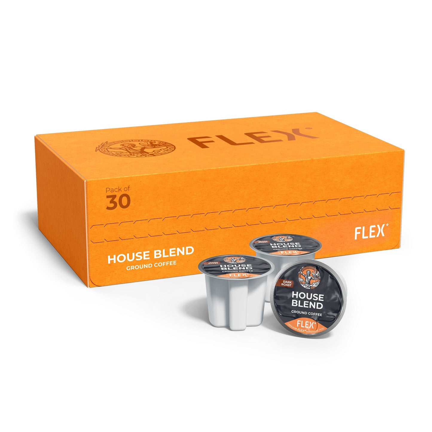Box of 30 FLEXFUEL™ House Blend Dark Roast Ground Coffee pods, depicted with a rich dark grey color theme, a red 'DARK ROAST' tag, and the emblematic FLEX logo featuring Zeus and an eagle.