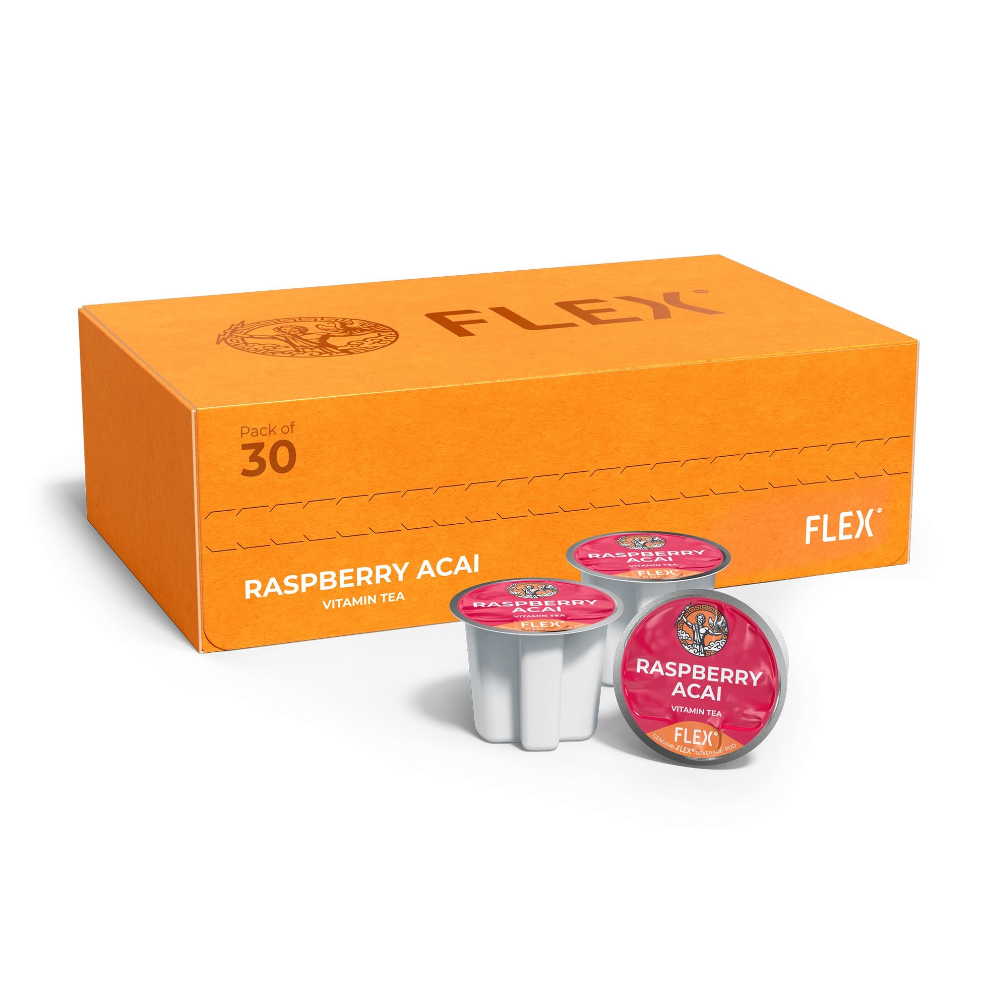 Box for FLEXFUEL™ Raspberry Acai Vitamin Tea, featuring a pack of 30 pods with a hot pink background, an emblem of Zeus holding a thunderbolt, and an eagle, symbolizing the dynamic energy of the product.