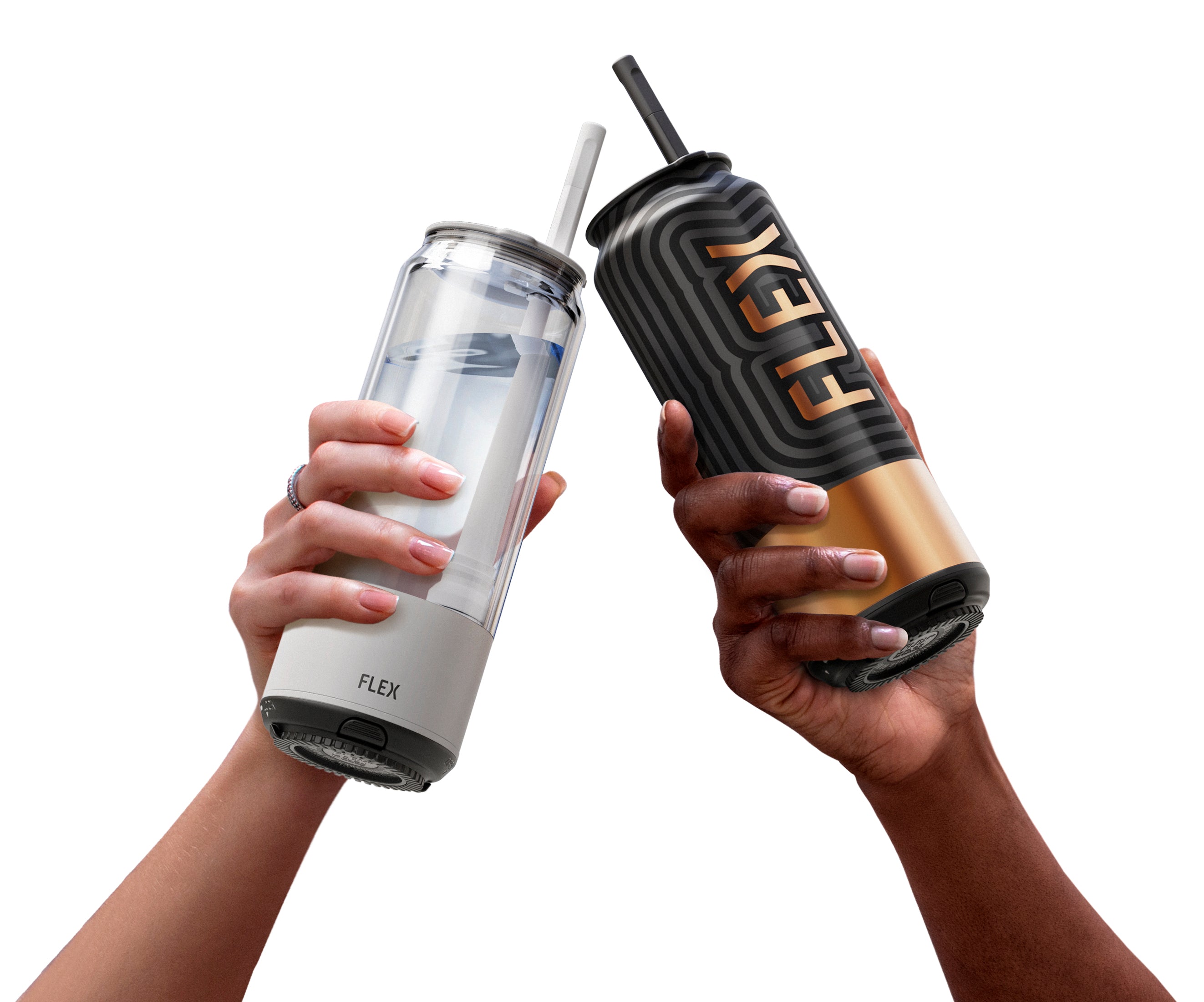 Two hands confidently holding the FLEX Bevrage CLEAR CAN and FLEX Beverage Metal CAN, symbolizing the evolution of brewing into today's on-the-go lifestyle. The clear can showcases its contents, while the metal one sports a sleek black and gold design with the bold FLEX logo, representing the modern and mobile brewing solutions that FLEX offers.
