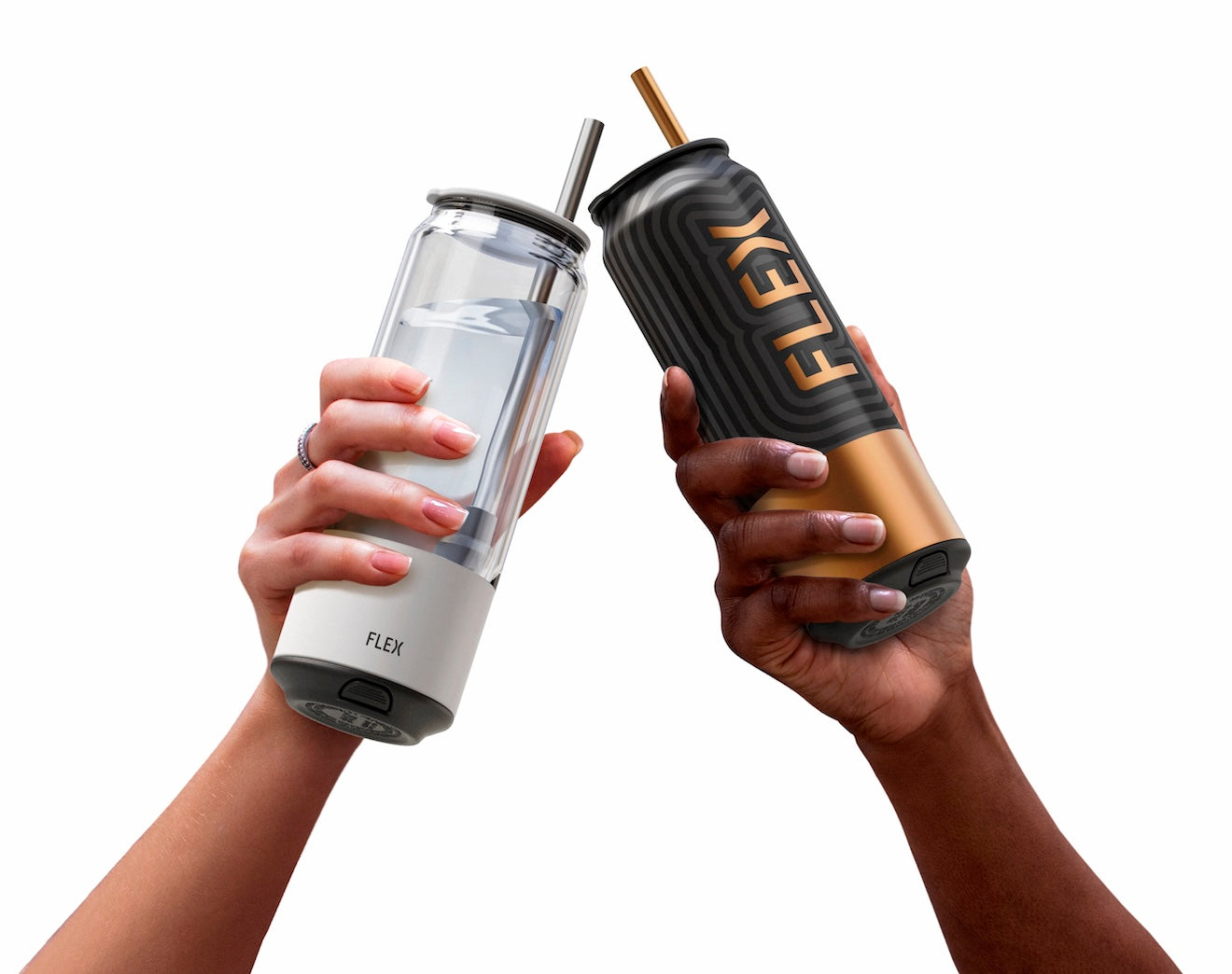 Two hands confidently holding the FLEX Bevrage CLEAR CAN and FLEX Beverage Metal CAN, symbolizing the evolution of brewing into today's on-the-go lifestyle. The clear can showcases its contents, while the metal one sports a sleek black and gold design with the bold FLEX logo, representing the modern and mobile brewing solutions that FLEX offers.