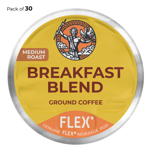 Packaging label for a pack of 30 FLEXFUEL™ Breakfast Blend Medium Roast Ground Coffee pods, featuring a sunny yellow backdrop with a red 'MEDIUM ROAST' indicator and the iconic FLEX logo portraying Zeus with a thunderbolt and an eagle, representing a rich and balanced coffee experience.
