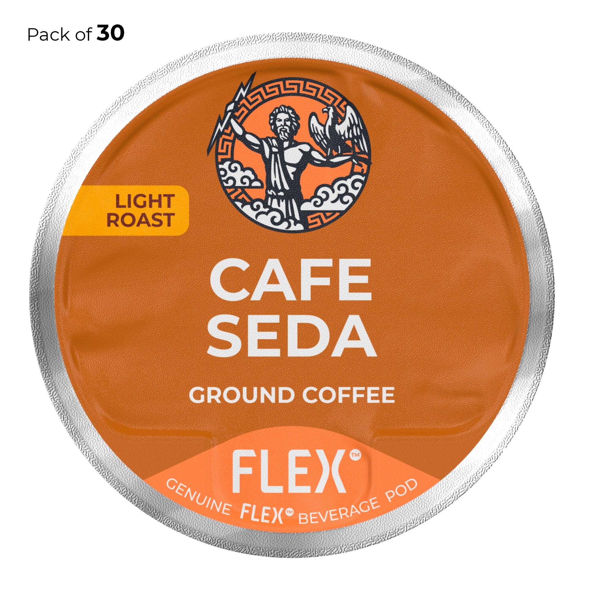 Label for a pack of 30 FLEXFUEL™ Café Seda Light Roast Ground Coffee pods, showcasing a warm brown background with a red tab indicating 'LIGHT ROAST' and the classic FLEX logo of Zeus and an eagle, signifying a smooth and light-bodied coffee experience.