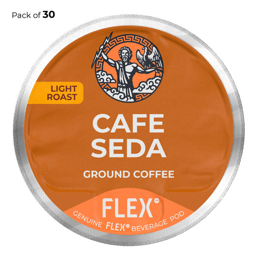 Label for a pack of 30 FLEXFUEL™ Café Seda Light Roast Ground Coffee pods, showcasing a warm brown background with a red tab indicating 'LIGHT ROAST' and the classic FLEX logo of Zeus and an eagle, signifying a smooth and light-bodied coffee experience.