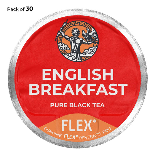 Label for a pack of 30 FLEXFUEL™ English Breakfast Pure Black Tea pods, featuring a bold red background with the distinctive FLEX logo depicting Zeus and an eagle, representing the classic and robust flavor of this traditional morning tea.