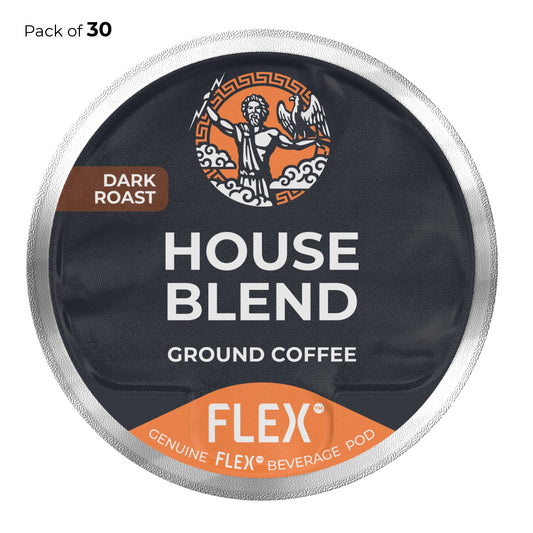 Pack of 30 FLEXFUEL™ House Blend Dark Roast Ground Coffee pods, depicted with a rich dark grey color theme, a red 'DARK ROAST' tag, and the emblematic FLEX logo featuring Zeus and an eagle.