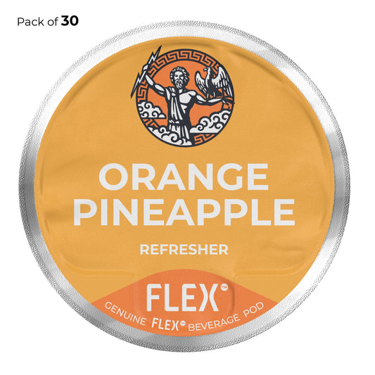Label for a pack of 30 FLEXFUEL™ Orange Pineapple Refresher pods, sporting a vibrant orange background with the iconic FLEX logo of Zeus and an eagle, symbolizing a refreshing fusion of citrus and tropical flavors.