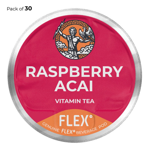 Label for FLEXFUEL™ Raspberry Acai Vitamin Tea, featuring a pack of 30 pods with a hot pink background, an emblem of Zeus holding a thunderbolt, and an eagle, symbolizing the dynamic energy of the product.
