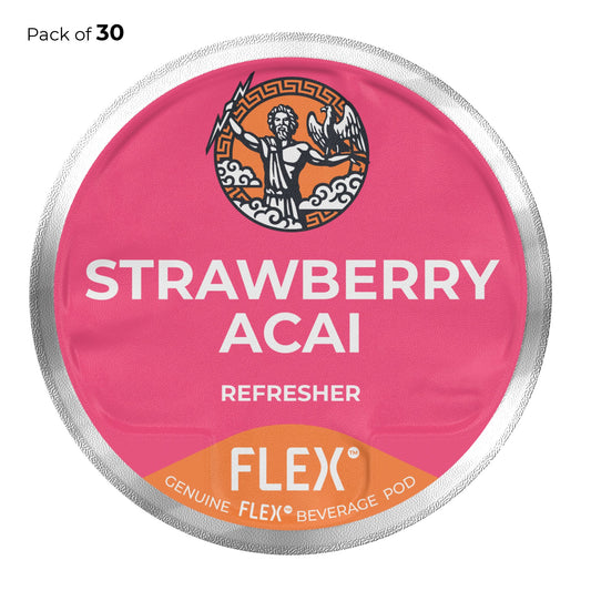 Label for a pack of 30 FLEXFUEL™ Strawberry Acai refresher pods, featuring a vibrant pink color scheme with a classic Greek motif and an illustration of Zeus with a thunderbolt and an eagle, emphasizing energy and vitality.