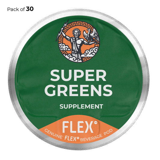 Label for a pack of 30 FLEXFUEL™ Super Greens supplement pods, featuring an orange and green color scheme with a graphic of Zeus holding a thunderbolt and an eagle, symbolizing power and freedom.