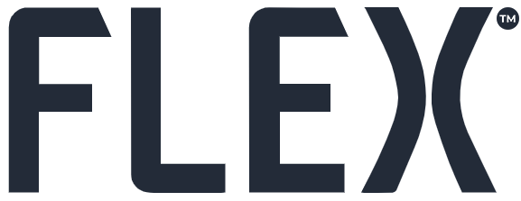 The logo of FLEX, featuring bold, capitalized letters in a deep navy blue, conveying a sense of strength and adaptability. The logo's sleek and modern font reflects the brand's focus on innovative and flexible beverage solutions.
